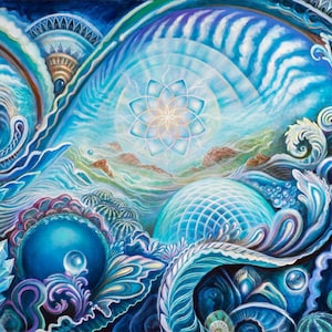 Puede incluir: Una pintura psicodélica con una gama de colores azules, blancos y verdes. La pintura presenta una variedad de formas y patrones en espiral, incluyendo una gran forma central con forma de flor. La pintura recuerda a un sueño o una visión.