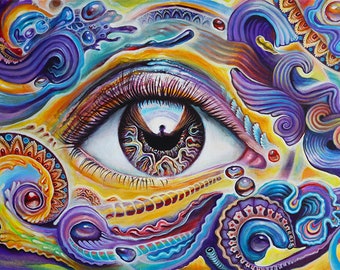 Reflection 6 - Paper Art Print by Morgan Mandala & Randal Roberts - purple yellow eye - abstract paisley psychedelic art