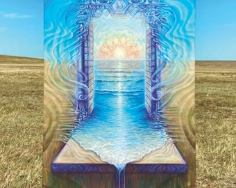 Portal de la Playa - Ocean Sunset Doorway - Visionary Art Landscape by Morgan Mandala - Beach waves sun reflecting in water- paper art print