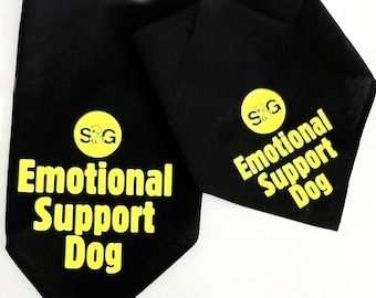 May include: Two black fabric dog bandanas with yellow text and a yellow logo that says "S&G" and "Emotional Support Dog".