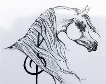 Cheval arabe, art équin, équestre, hors portrait, dessin original de stylo