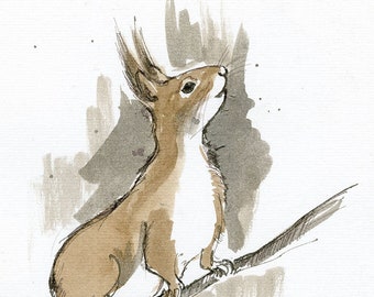 Red squirrell, nature, wildlife, original ink painting on paper