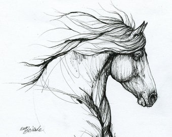 Friesian horse, equine art, original pen drawing on paper