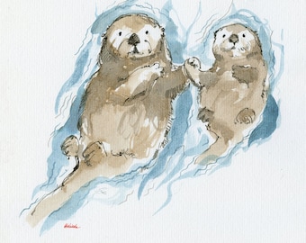 Sea otters, wildlife, nature, original ink painting on paper