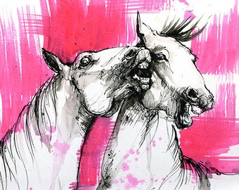 Flamenco, fighting horses, original ink painting on paper