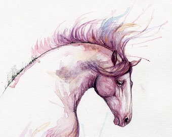 Horse art, equine portrait, original pen and watercolor painting on paper