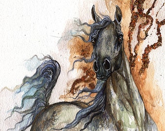 Grey arabian horse original ink and watercolor painting