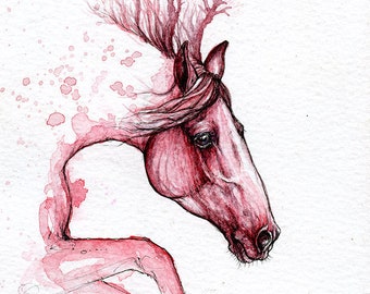 Coral horse, original pen and watercolor painting on paper