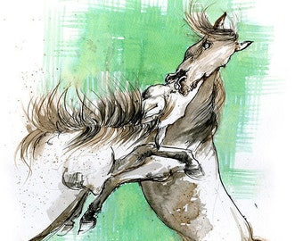 Fighting horses, original ink painting on paper