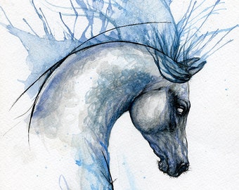 Horse portrait, equine art, original pen and watercolor painting on paper