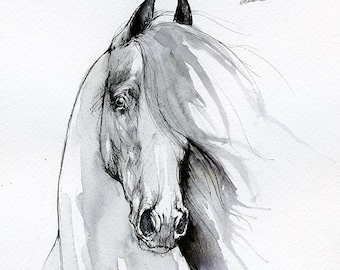 Horse portrait, equine art, original pen and ink drawing on paper
