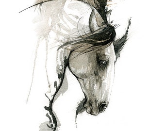 Horse portrait, original pen and watercolor painting on paper