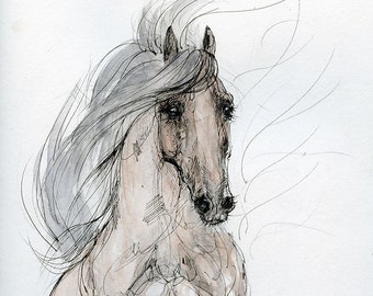 Jumping horse, equine art, original pen and watercolor drawing on paper