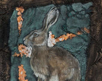 Hare portrait, rabbit, bunny, original oil and mixed media painting on wood