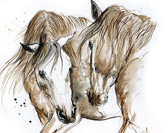 Flamenco, Lipizzan horses, original ink painting on paper