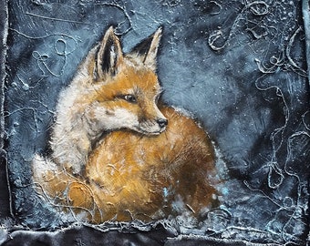 Fox cub, wildlife, original oil and mixed media painting on chipboard