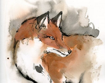 Red fox, original ink painting on paper