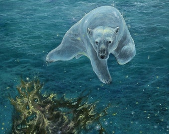 Underwater world, diving polar bear, original oil painting on canvas