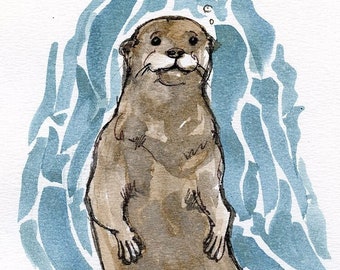 River otter, nature, wildlife,original ink painting on paper