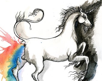 Rainbow pooping unicorn, original ink painting on paper