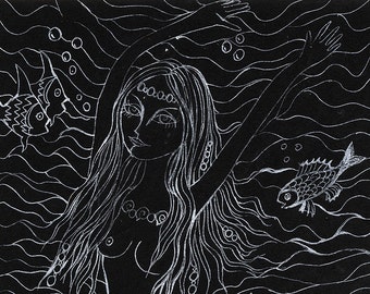 sirena, arte de fantasía, mar y peces, dibujo original pluma blanca