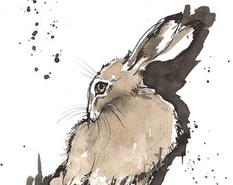 Grooming hare, rabbit, bunny, original ink painting on paper