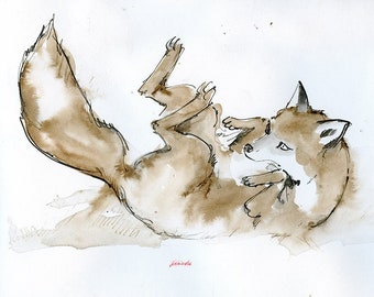 Fox rolling in snow, original ink drawing on paper