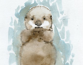 Sea otter pup, nature, wildlife, original ink painting on paper