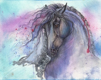 friesian horse, equine art, equestrian, original gilded pen and watercolour painting