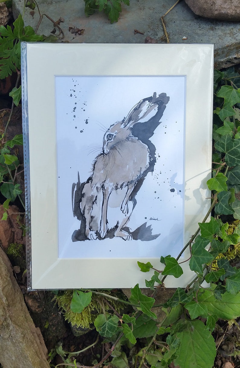 Grooming hare, rabbit, bunny, original ink painting on paper image 3