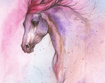 horse portrait in pink and purple, equine portrait, equestrian, Original watercolor painting