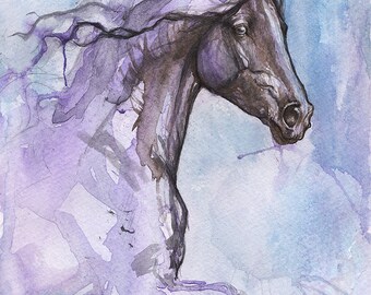 friesian horse, black horse, equine art, portrait, original pen and watercolour painting