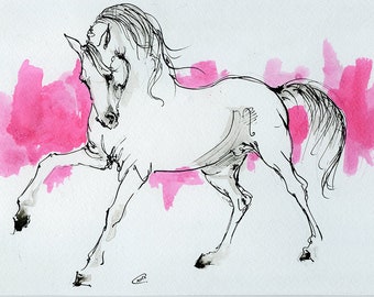 Cheval arabe, art équine, dessin original d'encre sur le papier