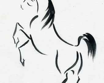 Arabian horse, equine art, original ink drawing on paper