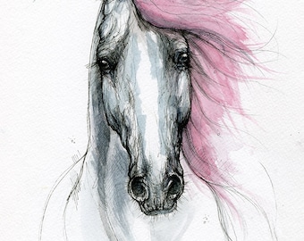 Horse portrait, equine art, original pen and watercolor painting on paper