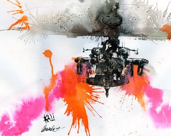 Kali, aviation art, apache, helicopter, aircraft, original ink painting on paper