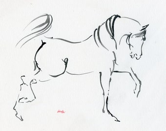 Running arabian horse, equine art, original ink drawing on paper