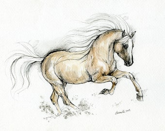 Running pony, equine art, original pen and watercolors drawing on paper