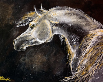 Grey arabian horse, equine art, equestrian,  horse portrait, original acrylic painting on board