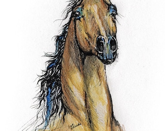 Bay arabian horse, equine art, equestrian portrait,  original pen and watercolor pencils painting