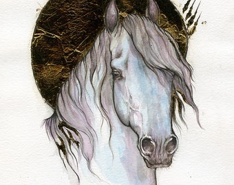 horse portrait, equine art, original gilded pen and watercolour painting