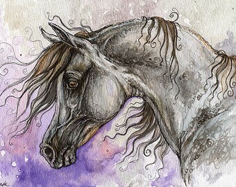 the grey arabian horse watercolor painting