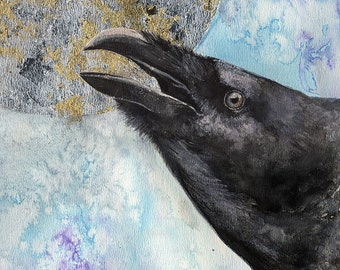 Original gilded watercolor painting of a raven