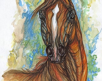 Chestnut arabian horse, equine art, equestrian, original ink and watercolor painting on paper