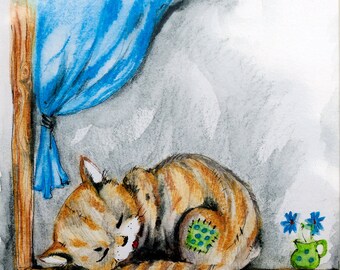 Little kitten, feline art, pussycat, cat painting, original pen and watercolor pencils painting