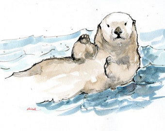 sea otter, artcic wildlife, nature, original ink painting on paper