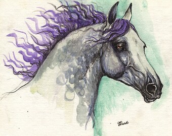 grey horse with purple mane original watercolour painting