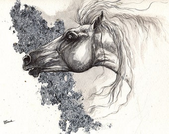 Andalusian horse, equine art, equestrian, horse portrait,  original gilded pen and watercolor painting