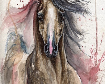 Dark grey arabian horse ink and watercolour painting