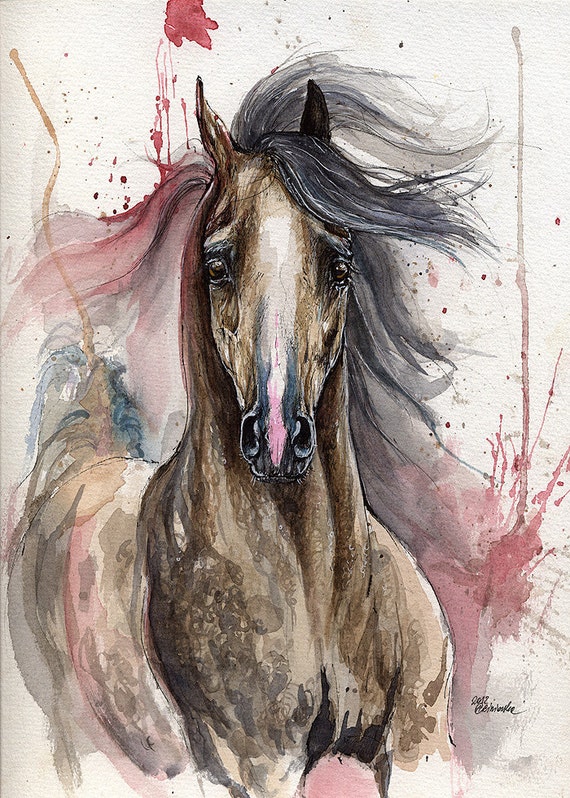 Dark Grey Arabian Horse Ink And Watercolour Painting | Etsy